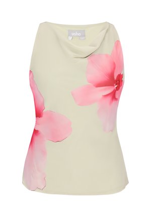 Top bej fără mâneci, cu decolteu drapat și imprimeuri mari cu flori roz pe partea din față.