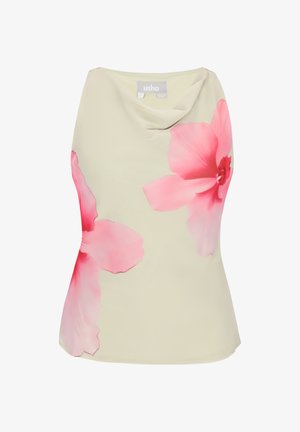 Ärmelloses beiges Top mit einem drapierten Ausschnitt und großen pinkfarbenen Blumenmustern auf der Vorderseite.