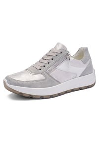 Light gray and white sneaker with laces, side zipper, suede and leather upper, and thick white sole with brown tread.