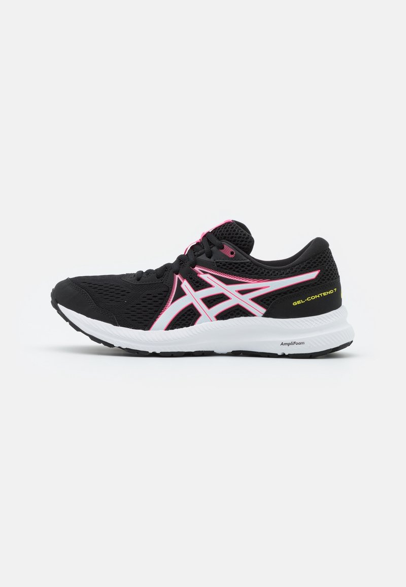 Chaussure de course blanche et noire avec des accents roses et une tige en mesh, affichant les inscriptions "GEL-CONTEND 7" et "AmpliFoam" sur la semelle et le talon.