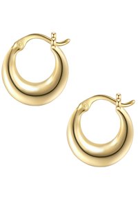 Zlaté kruhové náušnice s hladkým, lešteným povrchom a zakriveným dizajnom. Majú bezpečné zapínanie a mierne preliačenie pozdĺž okraja.