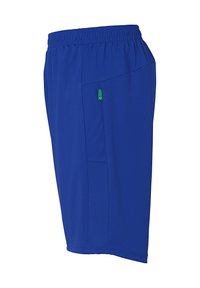 Blauwe sportshorts van lichte stof, met een elastische tailleband, zijzakken en een gestructureerd patroon op het buitenpaneel.