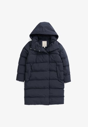 Navy Blousonjacke mit Kapuze, mit gestepptem Design, Druckknopfverschluss, seitlichen Taschen und weicher Textur. Innenetikett sichtbar.