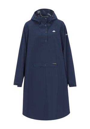 Pelerină impermeabilă bleumarin cu glugă, cu pliu cu capse și buzunar frontal. Prezintă un logo pe piept și un design minimalistic.