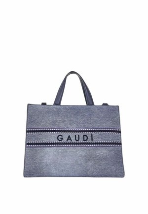 Borsa rettangolare blu con texture, doppio manico e scritta "GAUDI" tra due bande orizzontali a righe.