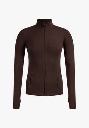 Brown zip-up jacket featuring long sleeves, side pockets, and a high collar. Fabric appears smooth and stretchy with a fitted design.