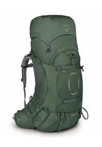 Green hiking backpack, made of durable fabric. Features adjustable straps, multiple buckles, and a streamlined shape with a large top compartment.