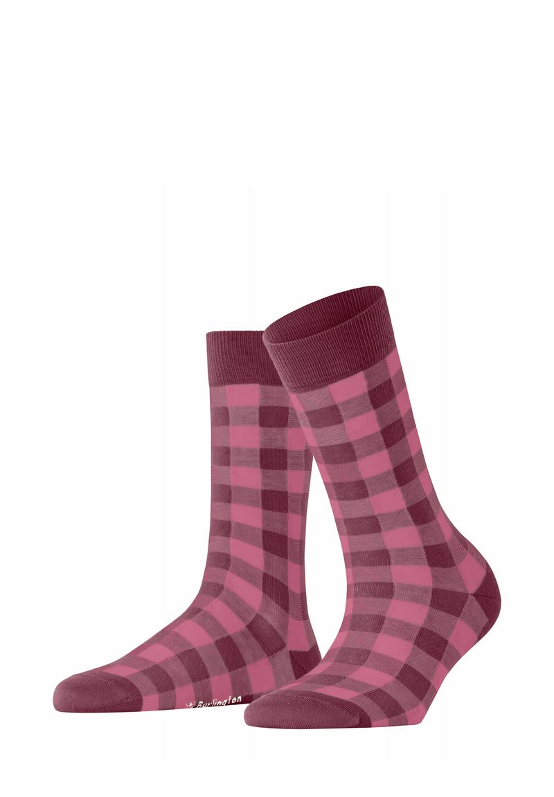 Chaussettes à carreaux bordeaux et rose avec un revers côtelé, en coton, de longueur mi-mollet, dotées d'un pied et d'un talon unis.