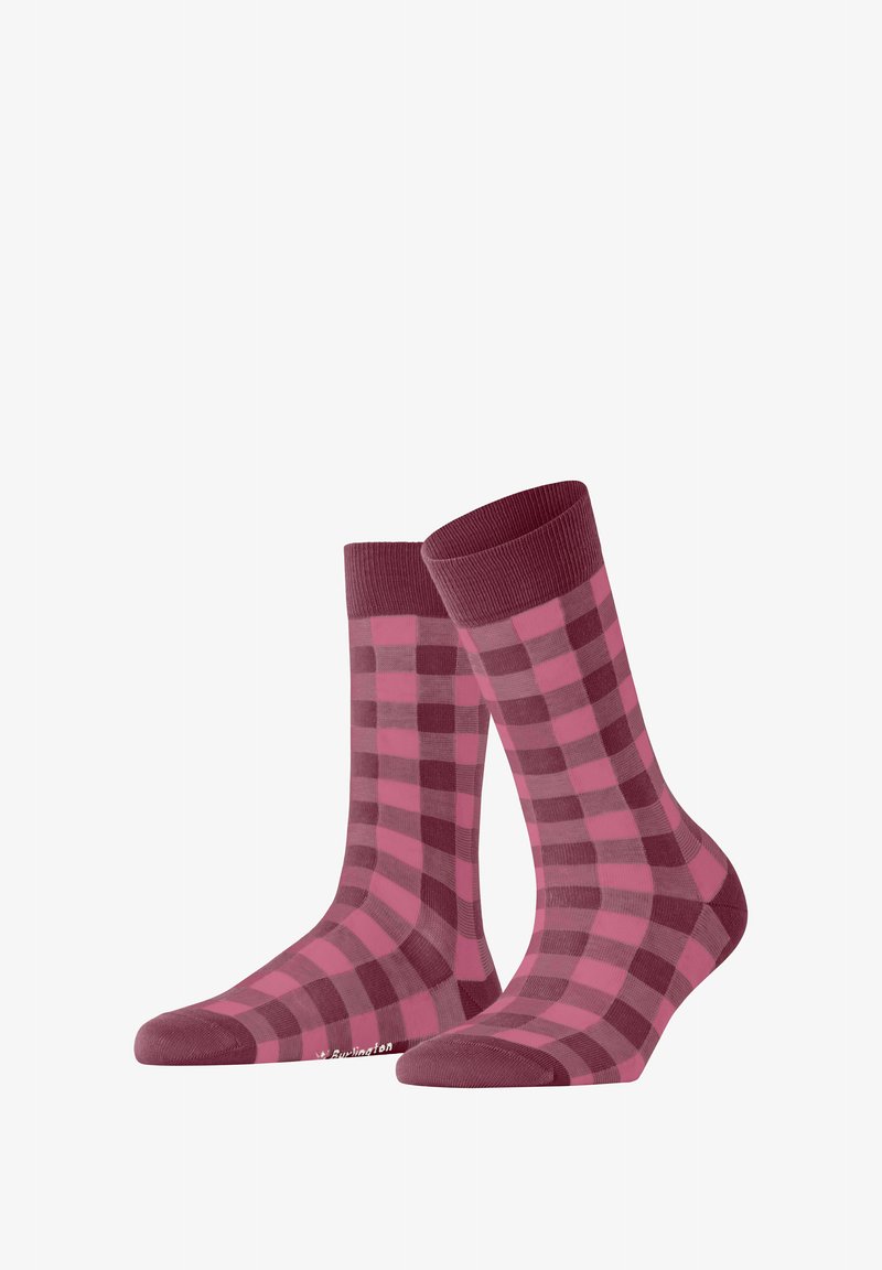 Chaussettes à carreaux bordeaux et rose avec un revers côtelé, en coton, de longueur mi-mollet, dotées d'un pied et d'un talon unis.