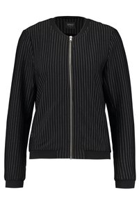 Czarna kurtka bombowiec z białymi pionowymi paskami, suwak z przodu, ribbowane mankiety i dół, wykonana z teksturowanej tkaniny.