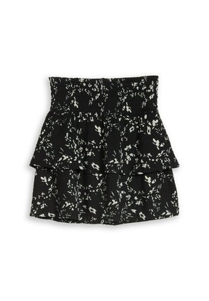 Mini-jupe noire à volants avec imprimé floral blanc et taille élastiquée smockée.