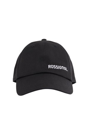 Czarna czapka bejsbolowa z zakrzywionym daszkiem i białym haftowanym logo "ROSSIGNOL" na przedniej prawej stronie.