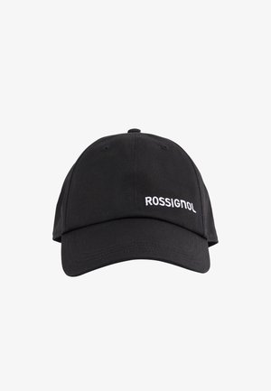 Czarna czapka bejsbolowa z zakrzywionym daszkiem i białym haftowanym logo "ROSSIGNOL" na przedniej prawej stronie.