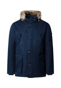 Parka azul marino con capucha de piel sintética removible, dos bolsillos delanteros, botones a presión y cierre de cremallera. Textura suave, prenda de invierno.