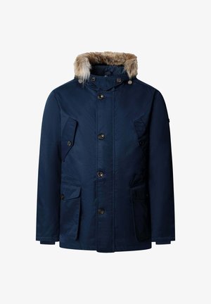 Parka azul marino con capucha de piel sintética removible, dos bolsillos delanteros, botones a presión y cierre de cremallera. Textura suave, prenda de invierno.