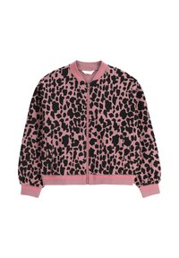 Różowa kurtka bomberka z czarnym wzorem zwierzęcym, z zapięciem na zamek z przodu, ściągaczami na mankietach i w pasie. Miękka tkanina o luźnym kroju.