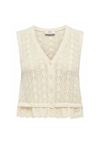 Veste sans manches tricotée de couleur crème avec fermeture à boutons sur le devant et bordure volantée en dentelle à l’ourlet.