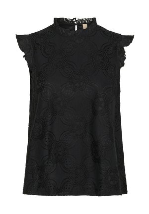 Juodas nėriniuotas viršus su aukštu kaklu, trumpomis ruffled rankovėmis ir gėlių raštais. Textūruotas audinys su pusiau permatomu finišu.