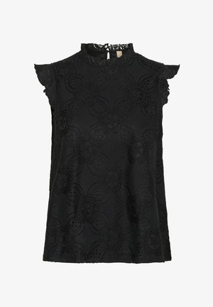 Črna čipkasta bluza z visokim ovratnikom, kratkimi nabranimi rokavi in cvetličnim vzorcem. Teksturirana tkanina s polprosojnim zaključkom.