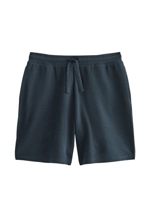 Donkerblauwe gebreide shorts met elastische tailleband en vooraan trekkoord, rechte snit, geschikt voor dagelijks gebruik.
