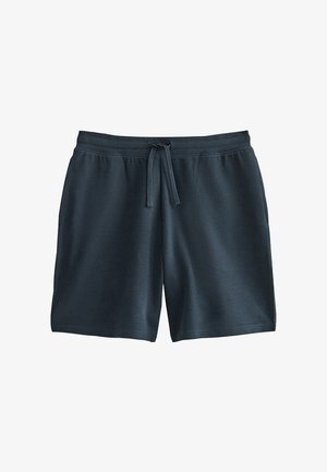 Granatowe dzianinowe szorty z elastycznym pasem i przednim sznurkiem, o prostym kroju, odpowiednie do codziennego noszenia.