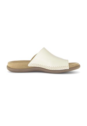 Beige open-toe slide sandal with cushioned insole and wide stitched leather strap over the top, shown from the side.
