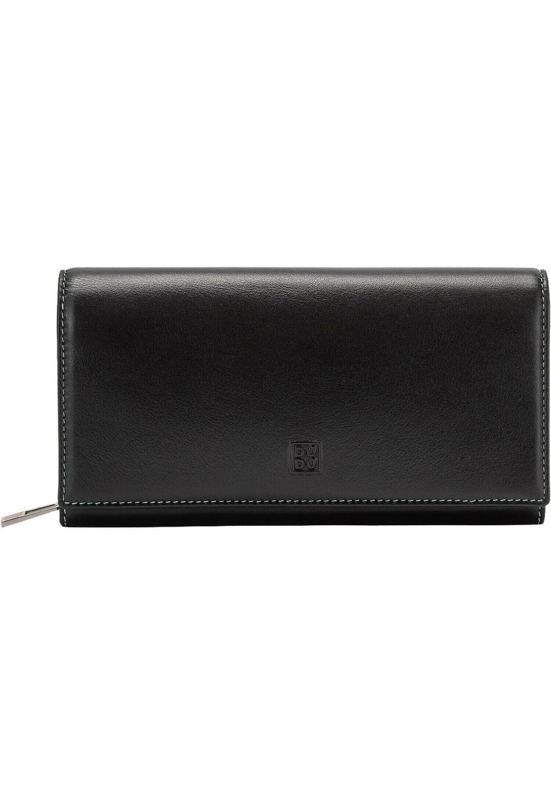 Portafoglio in pelle nera con una texture liscia, forma rettangolare, cuciture azzurro chiaro in contrasto e logo impresso sul davanti.