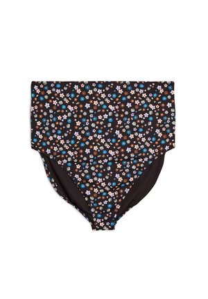 Bas de bikini noir taille haute avec un motif floral en rose, bleu et blanc, offrant une texture lisse et une coupe ajustée pour un bon maintien.