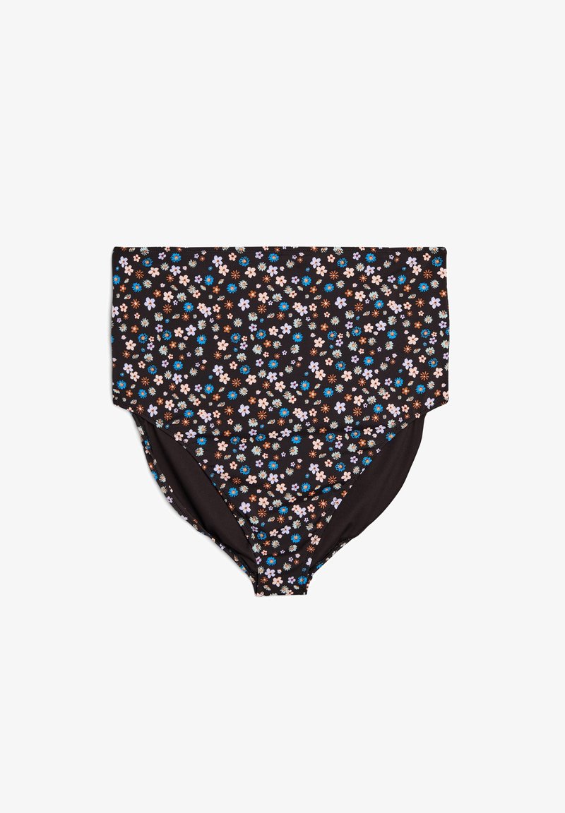 Aukščiausio liemens juodas bikinio apatinis trikotažas, puošnintas rožinėmis, mėlynomis ir baltomis gėlėmis, pasižymintis lygiu paviršiumi ir kontūruotu kirpimu komfortui.