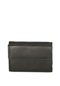 Portafoglio in pelle nera con una forma rettangolare, caratterizzato da cuciture visibili e un semplice design pieghevole. Nessun hardware o motivo.