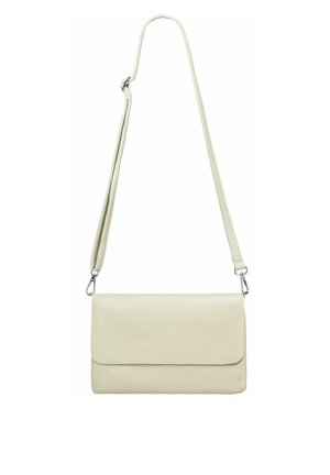 Helles beige Leder-Crossbody-Bag mit strukturiertem Finish, rechteckiger Form und Klappenverschluss. Verstellbarer Tragegurt mit Metallbeschlägen.