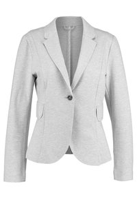 Grå jersey-blazer med slagkrage, enkel knappstängning och två framfickor. Mjuk textur med en figurnära passform.