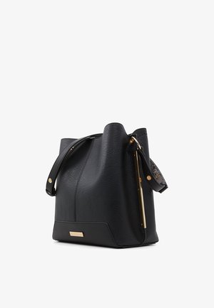 Black leather bucket bag with textured finish, gold-tone hardware, and a detachable strap. Features a metallic accent detail.