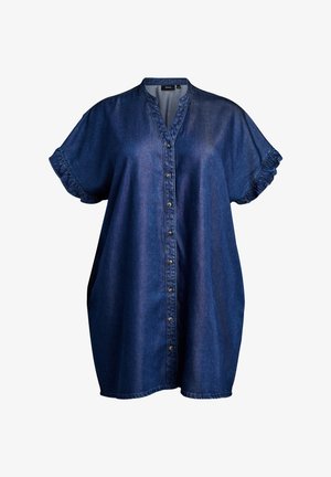 Mørkeblå denimkjole med korte flæseærmer, knaplukning foran og rund krave.