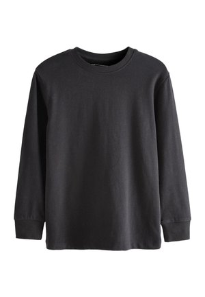 Zwart shirt met lange mouwen en ronde hals, met geribbelde manchetten en halslijn, weergegeven op een witte achtergrond.