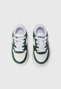 Une paire de baskets blanches et vertes foncées pour tout-petits avec des lacets, vues d'en haut sur un fond blanc uni.