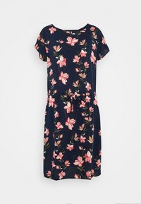 Marinblå klänning med korta ärmar, blommig rosa och grön tryck, dragsko i midjan och knälång design. Slät tygstruktur.