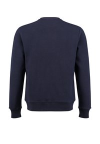 Navyblauwe pullover sweatshirt met een gestructureerd, gebreid patroon. Heeft een ronde hals, geribbelde boorden en een gestikte patch op de linkermouw.