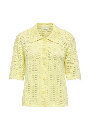Cardigan jaune en maille crochet à manches courtes avec boutons sur le devant et col pointu, doté d’un motif ajouré délicat.