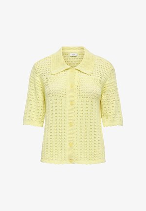 Cardigan jaune en maille crochet à manches courtes avec boutons sur le devant et col pointu, doté d’un motif ajouré délicat.