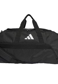 Black duffel bag with textured fabric, featuring a central zippered compartment, front mesh pocket, and white Adidas logo. Two sturdy handles.