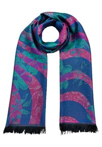 Écharpe tissée en bleu, vert et rose avec des motifs floraux. Présente des extrémités frangées et une texture légère. Le design rayé ajoute un intérêt visuel.