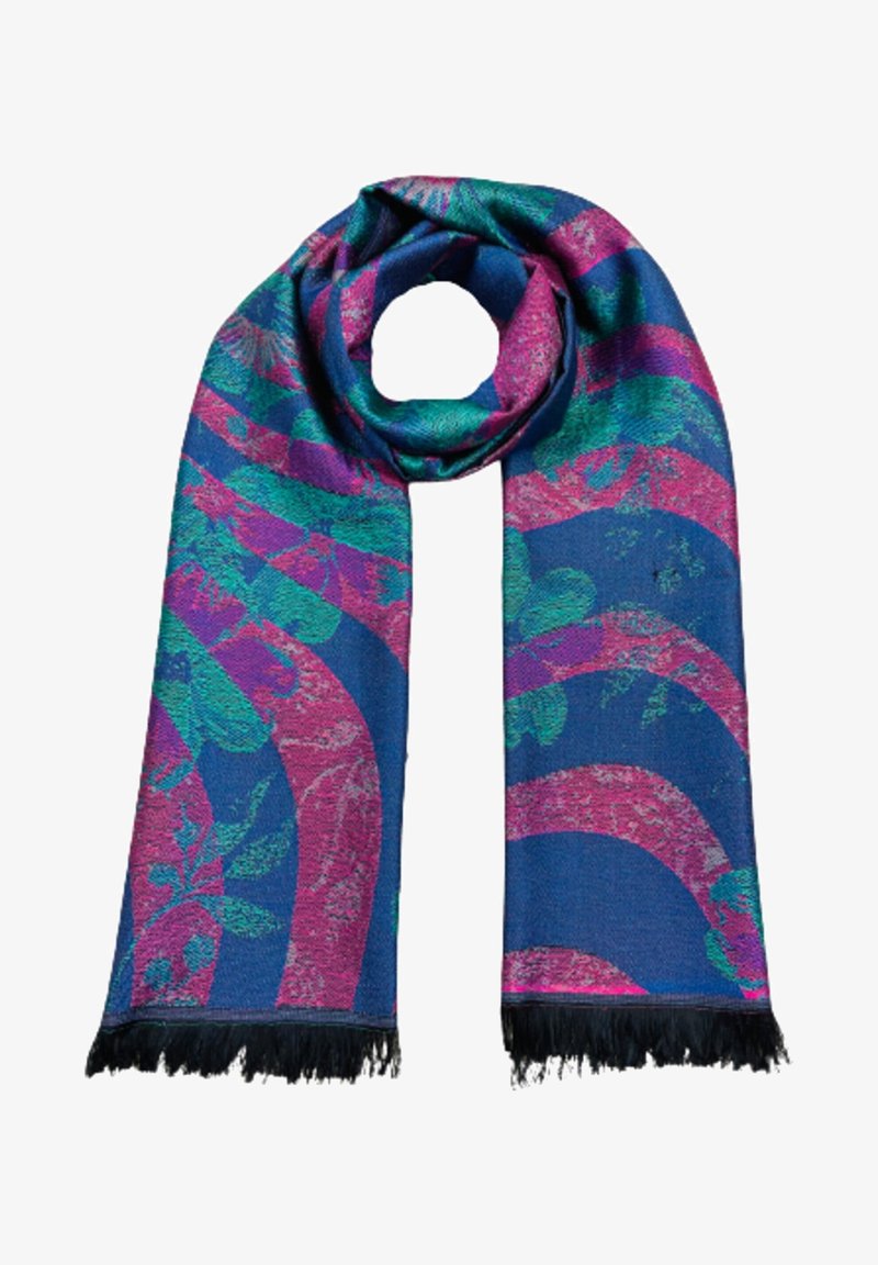 Écharpe tissée en bleu, vert et rose avec des motifs floraux. Présente des extrémités frangées et une texture légère. Le design rayé ajoute un intérêt visuel.