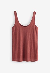 Débardeur à côtes, sans manches, en rouge profond, avec un col rond et une texture douce. La finition de l'ourlet est propre et simple.