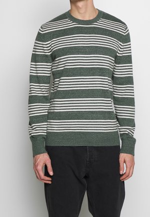 Homme portant un pull à manches longues rayé horizontalement vert et blanc et un pantalon noir, debout devant un fond clair uni.