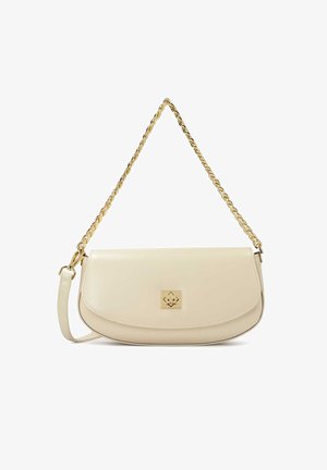 Bežna usnjena torbica z gladko površino, zlato verižico in sprednjo zlatotonečo logotipno okrasitev. Ima flap zapiranje.