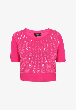 Short-sleeve cropped sweater in bright pink with a sequin pattern across the front, featuring a ribbed neckline and hem.