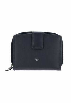Portefeuille compact en cuir noir avec fermeture pression, fermeture éclair sur trois côtés et petit logo métallique au centre avant.