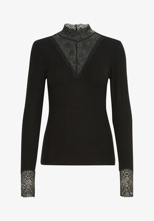Zwarte longsleeve top met een hoge kanten kraag en een V-vormig kanten paneel bij de halslijn. Kanten accenten bij de manchetten voegen detail toe.