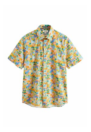 Short-sleeve button-up shirt with colorful abstract cityscape pattern in yellow, blue, green, and orange tones on white background.